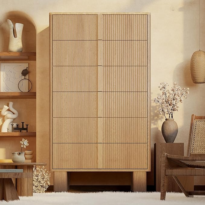 Fluted Dresser for Bedroom with 6 Drawers, 51'' H Modern Chest of Drawers with Wooden Handle, Wooden Dresser TV Stand, Wood Closet Clothes Storage Organizer for Living Room, Hallway, Light Oak