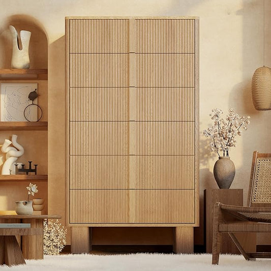 Fluted Dresser for Bedroom with 6 Drawers, 51'' H Modern Chest of Drawers with Wooden Handle, Wooden Dresser TV Stand, Wood Closet Clothes Storage Organizer for Living Room, Hallway, Light Oak