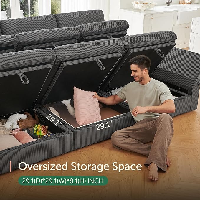 HONBAY Modular Sectional Sofa with Storage Corduroy Couches with Chaise L Shaped Sectional Couches for Living Room,Dark Grey