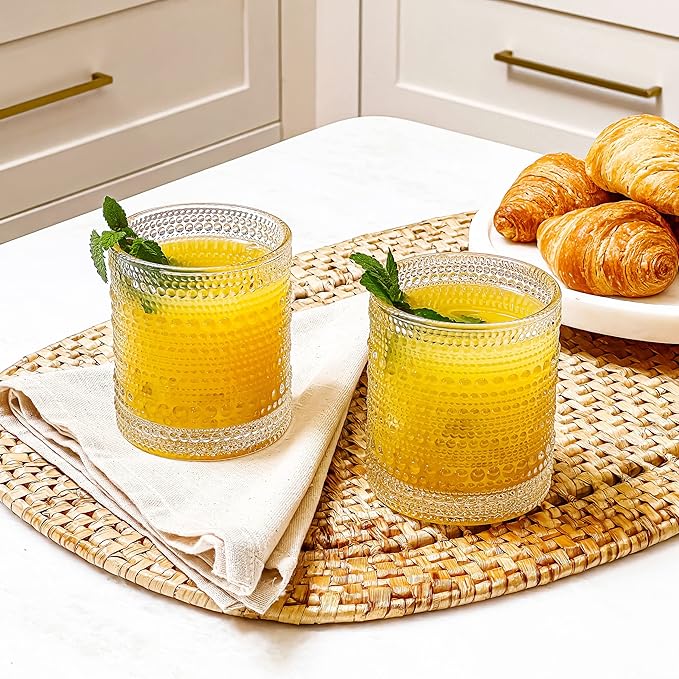 Kate Aspen Beaded Drinking Glasses Set of 6, 10 oz Retro Vintage Glassware - Boho Cocktail Water Juice Glasses, Hostess or Housewarming Gift