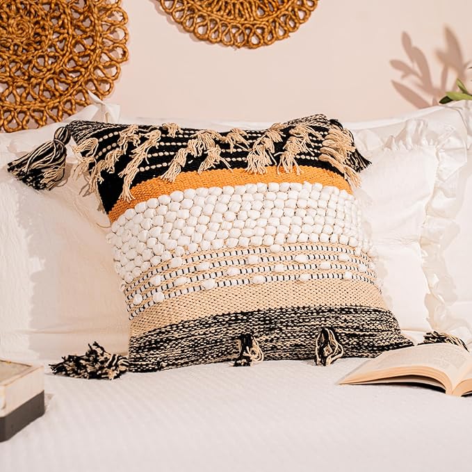 Throw Boho Pillow Cover, 18”x18” Bohemian Moroccan Rustic Decorative Pillows with Tufted Accents, Plush Handwoven Cotton, Textured Woven Neutral Farmhouse Scandinavian Home Decor