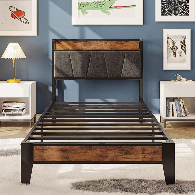 LIKIMIO Twin XL Bed Frames, Storage Headboard with Charging Station, Solid and Stable, Noise Free, No Box Spring Needed, Easy Assembly