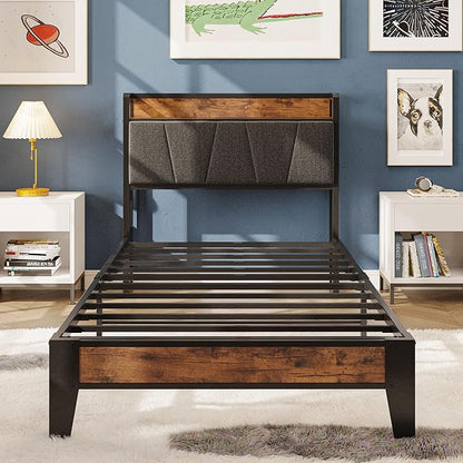 LIKIMIO Twin XL Bed Frames, Storage Headboard with Charging Station, Solid and Stable, Noise Free, No Box Spring Needed, Easy Assembly