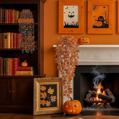 Der Rose 4Pcs Fake Fall Plants Hanging Orange Artificial Eucalyptus Plants, Boston Fern, Fake Potho, String of Pearls for Halloween Bathroom Table Centerpiece Wall Mantle Decor Indoor and Outdoor