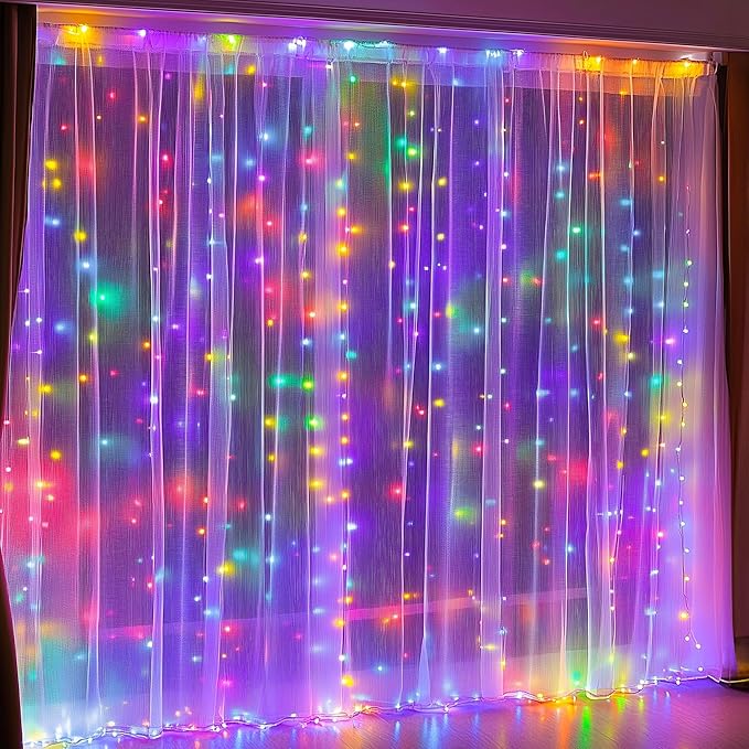 Dazzle Bright 300 LED Curtain String Lights, Christmas Fairy Lights for Bedroom with 8 Lighting Modes, Connectable Waterproof Window Lights Party Wedding Garden Wall Decor, Multi-Colored