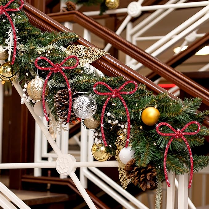 FLAIR GIFTS 6 Pcs 4.3" x 6" 2025 Christmas Red Bows for Tree Decor, Sparkly Glitter Rhinestone Bow Ornaments with Twist Tie for Xmas Decoration, Wreath, Garland, Gift Wrapping