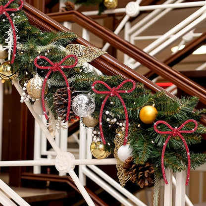 FLAIR GIFTS 6 Pcs 4.3" x 6" 2025 Christmas Red Bows for Tree Decor, Sparkly Glitter Rhinestone Bow Ornaments with Twist Tie for Xmas Decoration, Wreath, Garland, Gift Wrapping