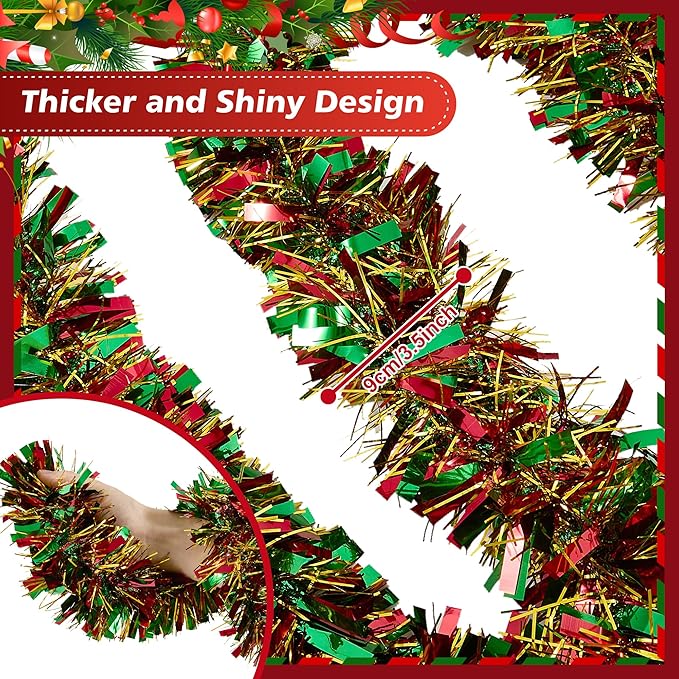 50FT Tinsel Christmas Garland Metallic Twist Garland Shiny Hanging Tinsel for Christmas Tree Party Supplies Indoor Outdoor Home Xmas Decoration (Gold Red Green)