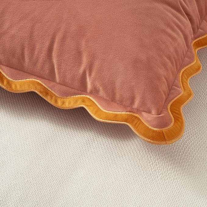 MONDAY MOOSE Decorative Throw Pillow Covers Cushion Cases, Set of 2 Soft Velvet Scalloped Wavy Edge Designs, Mix and Match for Home Decor, Pillow Inserts Not Included (Honey/Pink, 16x16 inch)
