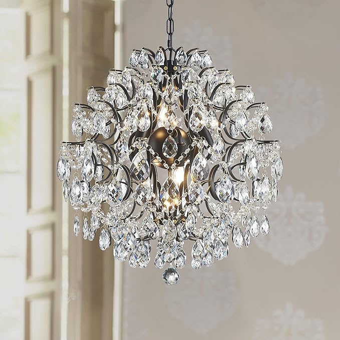 Bestier Modern Pendant Black Chandelier Crystal Raindrop Lighting Ceiling Light Fixture Lamp for Dining Room Bathroom Bedroom Livingroom 6 E12 Bulbs Required D19 in x H21 in