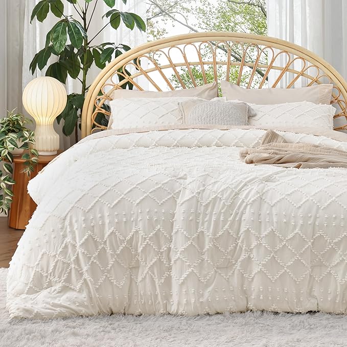 Bedsure Full Comforter Set - Ivory Comforter, Boho Tufted Shabby Chic Bedding for Kids, 3 Pieces Vintage Farmhouse Bed Set for All Seasons, Fluffy Soft Bedding with 2 Pillow Shams