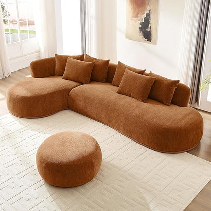 WILLIAMSPACE 134.63" Oversize Curved Sofa Cloud Couch with Round Chaise & Ottoman, Modern Upholstered Curved Sectional Sofa Couch with 6 Pillows for Living Room, No Assembly (Left-Facing,Orange)