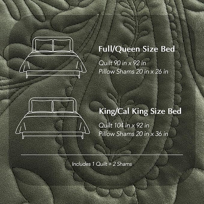 EVERGRACE Luxury Pearl Velvet Quilt Set King Size 3 Pieces, Soft Paisley-Stitch Velvet Comforter Set with Pillow Shams, Lightweight Bedspread Coverlet Bedding Set, Olive Green