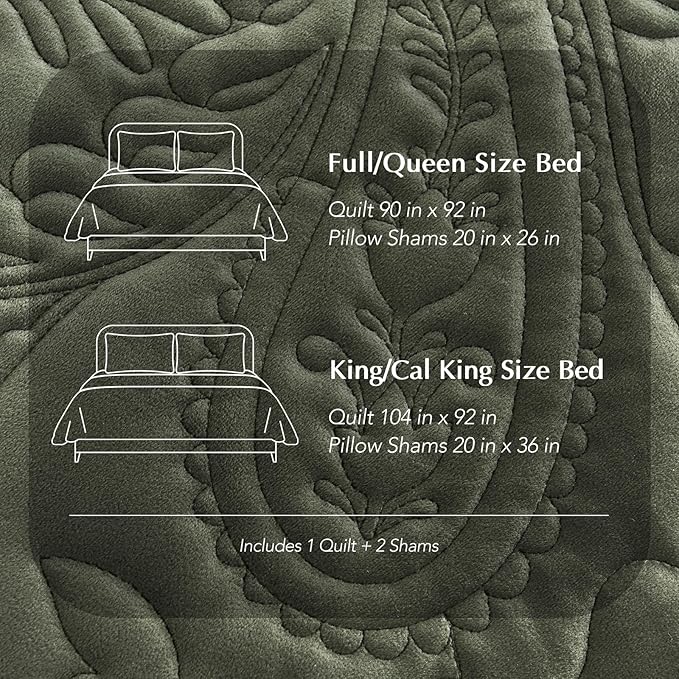 EVERGRACE Luxury Pearl Velvet Quilt Set Queen Size 3 Pieces, Soft Paisley-Stitch Velvet Comforter Set with Pillow Shams, Lightweight Bedspread Coverlet Bedding Set, Olive Green