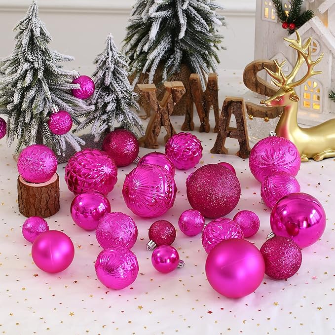 Christmas Ball Ornaments Fuchsia Pink Christmas Tree Decorations with Hang Rope-36pcs Shatterproof Christmas Ornaments Set with 6 Styles in 3 Sizes(Small Medium Large)