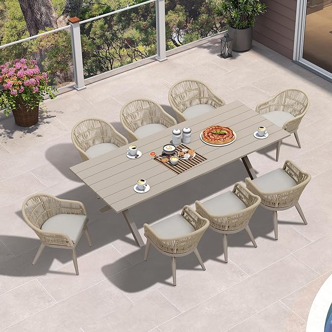 PURPLE LEAF 9 Piece Longer Patio Dining Set with Outdoor Aluminium Dining Table and Woven Chairs Modern Metal Furniture Cushions Sets for Garden Yard Indoor Decor Kitchen Champagne
