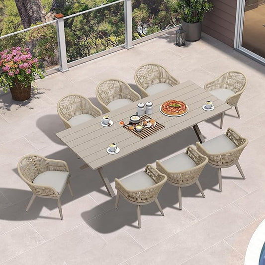 PURPLE LEAF 9 Piece Longer Patio Dining Set with Outdoor Aluminium Dining Table and Woven Chairs Modern Metal Furniture Cushions Sets for Garden Yard Indoor Decor Kitchen Champagne