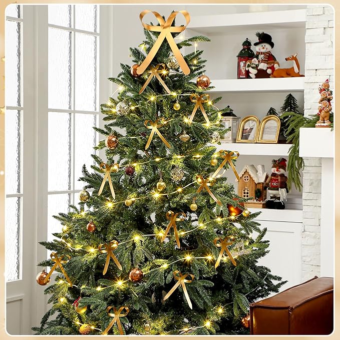 12 Pcs 2025 Metal Christmas Bow Ornaments for Christmas Tree Garland Wreath Bulk Bow with Clip Ornament Vintage Indoor Outdoor Home Xmas Party Decorations, 4 x 5 Inches (Old Gold)