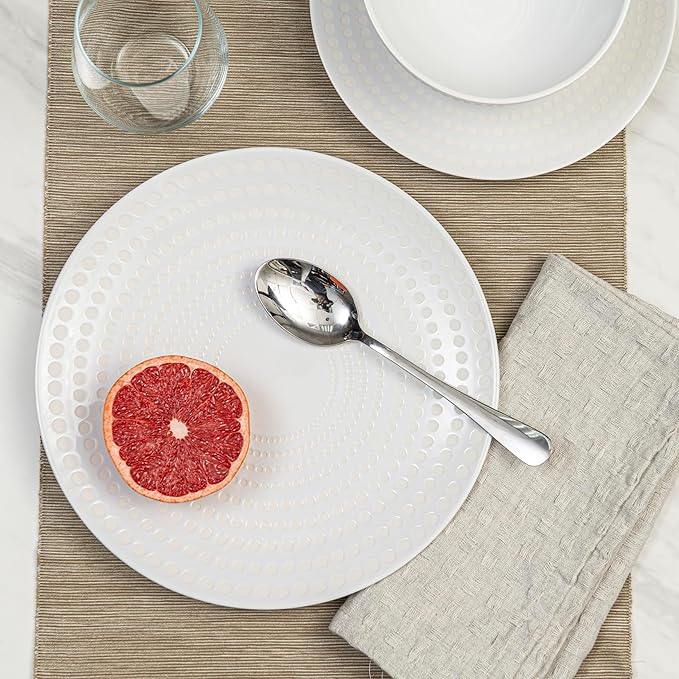 BZYOO Ceramic Dinnerware Set Serive for 4 (12 Pieces), Stoneware Plates and Bowls for Dining Pearl White Dishes Set With DOTDOT Design, Microwave Safe (12 PCS Dishes and Bow set, Bijou Collection)