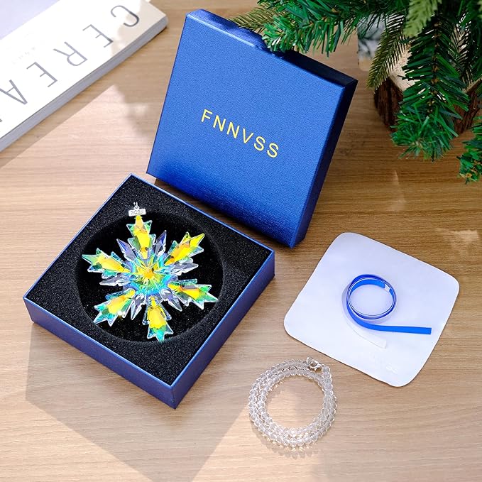 2025 Annual Christmas Ornaments Crystal Snowflake Star, Clear Multi Color Faceted Crystal with Tone Metal Accents and Rayon Ribbon-New Year Christmas Tree Ornament Wedding Party Window Hanging Decor