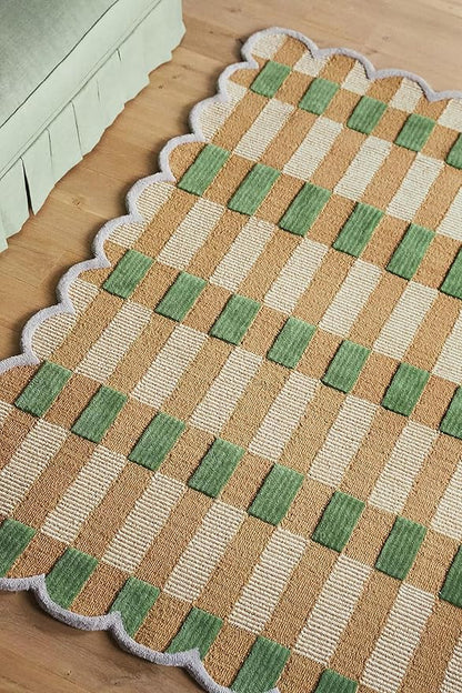 Hand-Tufted Wool Area Rug with Scalloped Edges, Beige and Green Plaid Pattern, Cozy and Soft Accent Rug for Living Room, Bedroom, and Nursery, Handmade Decorative Rug, 7x11 Ft