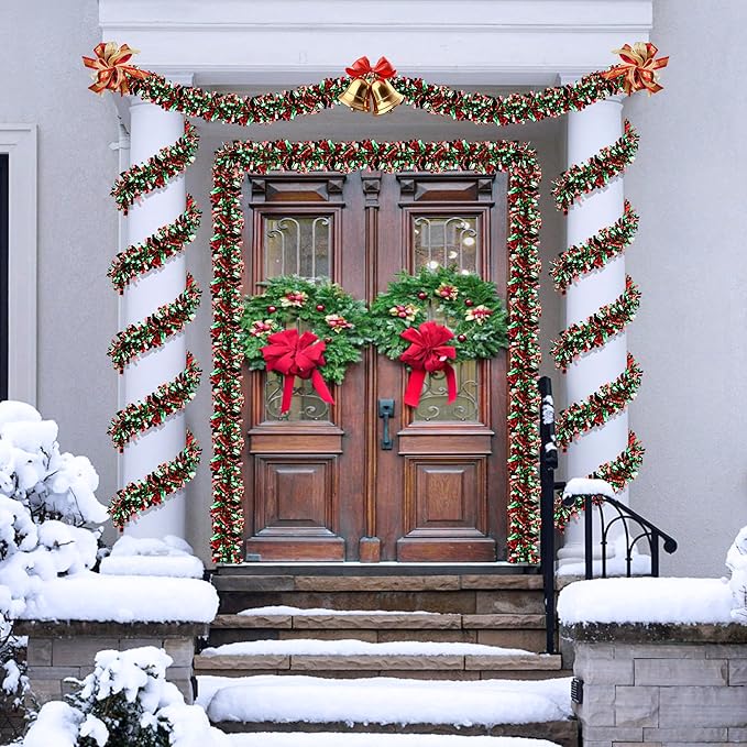 50 Feet Christmas Tinsel Garland for Christmas Tree Decorations, Red Green Metallic Twist Shiny Hanging Xmas Garlands for Stairs Mantle Fireplace Home Indoor Outdoor Holiday Party Suppliers Decor