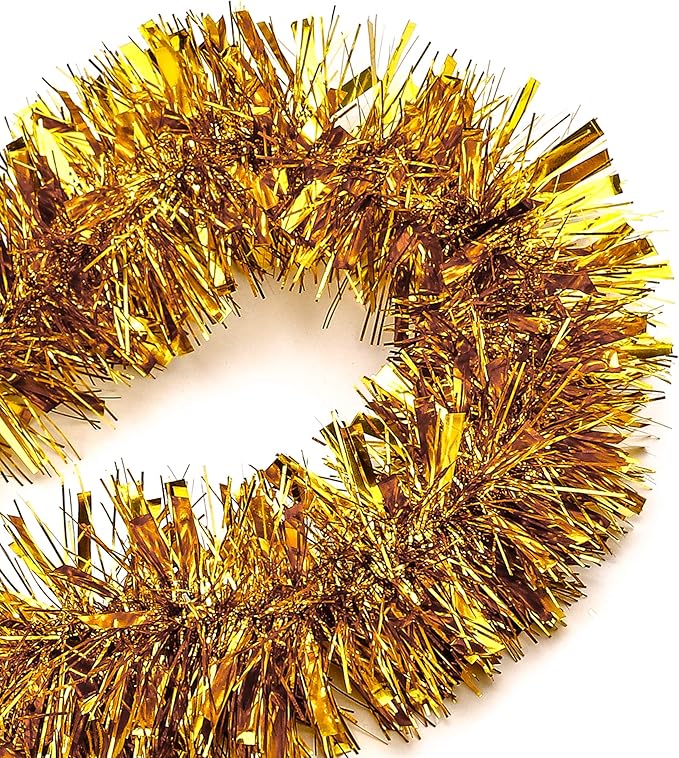 25 ft Long Roll Gold Tinsel Twist Garland, Shiny Metallic Foil Decorations for Parade Floats, Halloween, Christmas Eve, New Year Parties (4" x 25' roll, Gold)