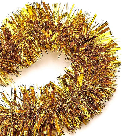 25 ft Long Roll Gold Tinsel Twist Garland, Shiny Metallic Foil Decorations for Parade Floats, Halloween, Christmas Eve, New Year Parties (4" x 25' roll, Gold)