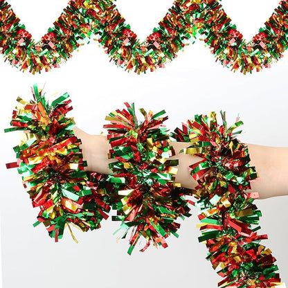 50 FT Christmas Tinsel Garland for Christmas Tree Decorations, Red Green Gold Metallic Twist Shiny Hanging Xmas Garlands for Stairs Mantle Fireplace Home Indoor Outdoor Holiday Party Suppliers Decor