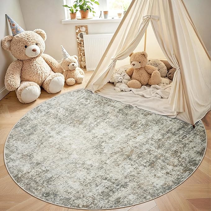 Round Rug 6ft Circle Rug Washable: Carpet Small Circular Area Rug for Entryway Kitchen Bedroom Dining Room Living Room 6 Feet Abstract College Dorm Non Slip Low Pile Beige Brown