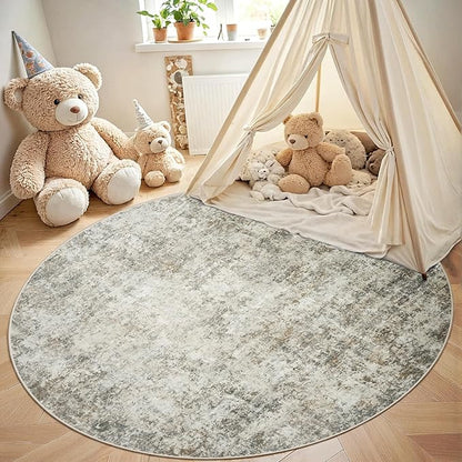 Round Rug 6ft Circle Rug Washable: Carpet Small Circular Area Rug for Entryway Kitchen Bedroom Dining Room Living Room 6 Feet Abstract College Dorm Non Slip Low Pile Beige Brown