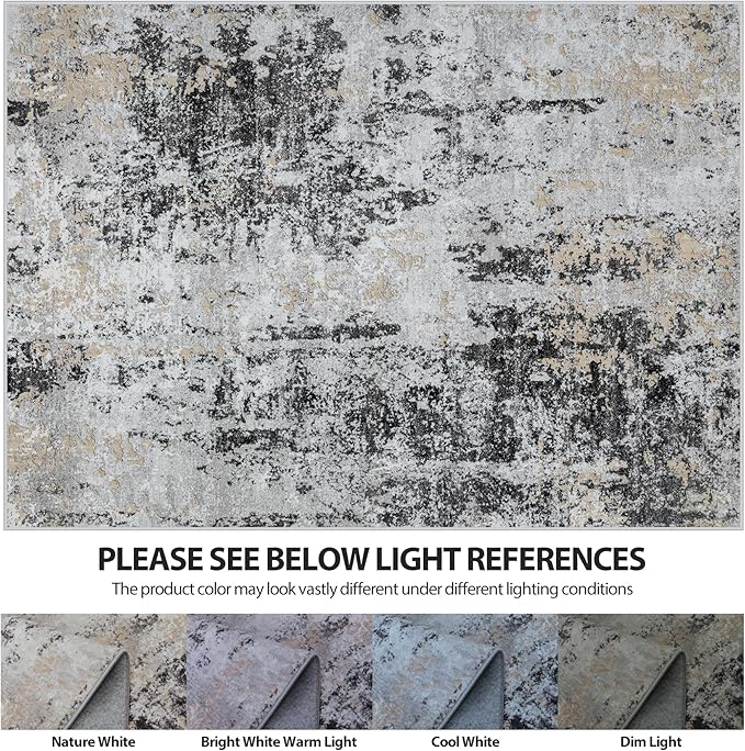 6x9 Area Rugs for Living Room Rug Washable: Abstract Rug for Dining Room Bedroom Carpet Non Slip 6 by 9 Indoor Modern Nursery Home Office Black Grey Gold