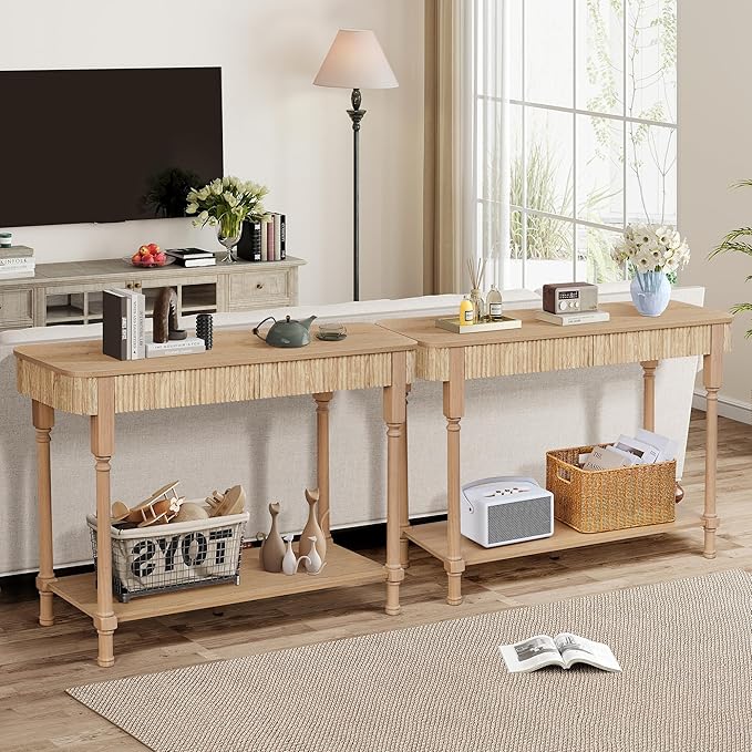43.3'' Fluted Console Table for Entryway, Narrow Entryway Tables with 2 Wooden Drawers, Retro Sofa Table Behind Couch Accent Tables for Foyer, Living Room, Hallway (Natural)