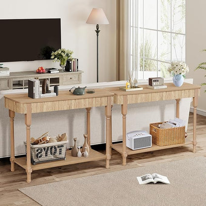 43.3'' Fluted Console Table for Entryway, Narrow Entryway Tables with 2 Wooden Drawers, Retro Sofa Table Behind Couch Accent Tables for Foyer, Living Room, Hallway (Natural)