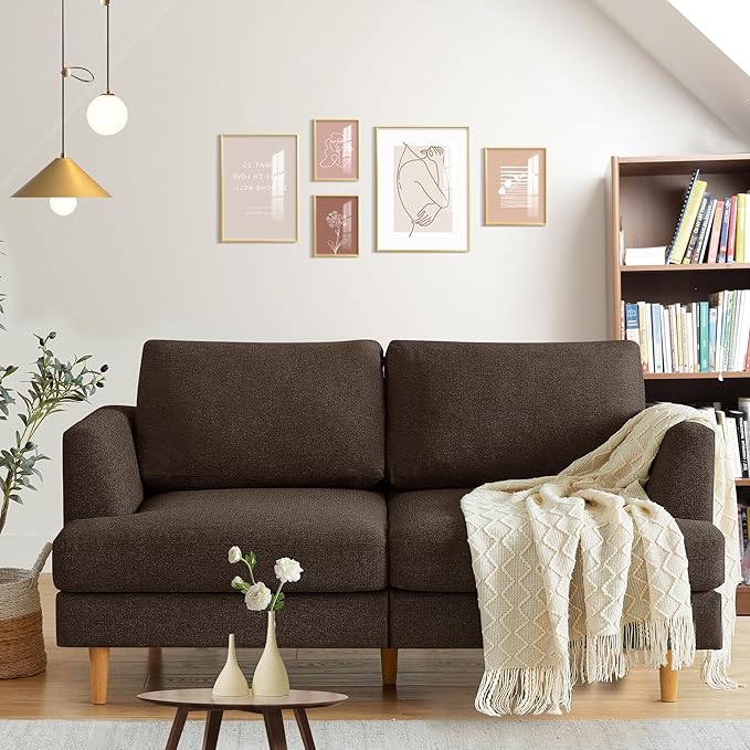 Loveseat Sofa with Deep Seats Mid Century Upholstered 2 Seat Small Sofa, Brown