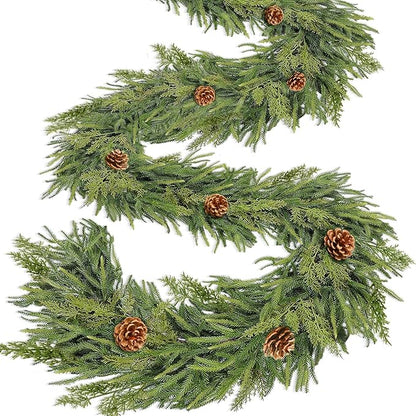 Extra Thick&Lush-9 Ft by 10 Inch Real Touch Norfolk Pine Garland,Christmas Garland Artificial Realistic Soft Thickness Greenery Pine Cypress Pinecones Garlands for Mantle Fireplace Home Indoor Outdoor