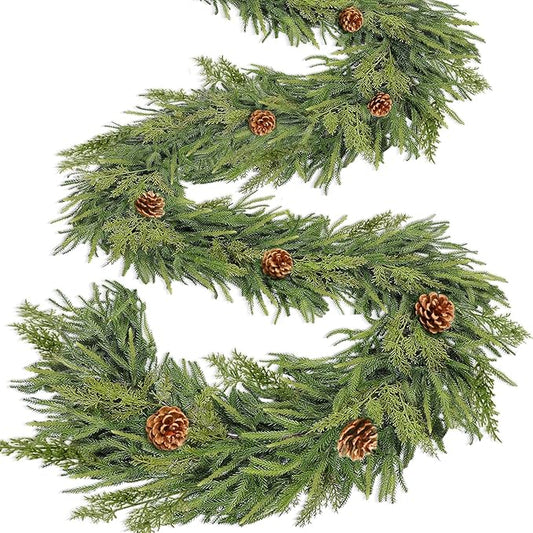 Extra Thick&Lush-9 Ft by 10 Inch Real Touch Norfolk Pine Garland,Christmas Garland Artificial Realistic Soft Thickness Greenery Pine Cypress Pinecones Garlands for Mantle Fireplace Home Indoor Outdoor