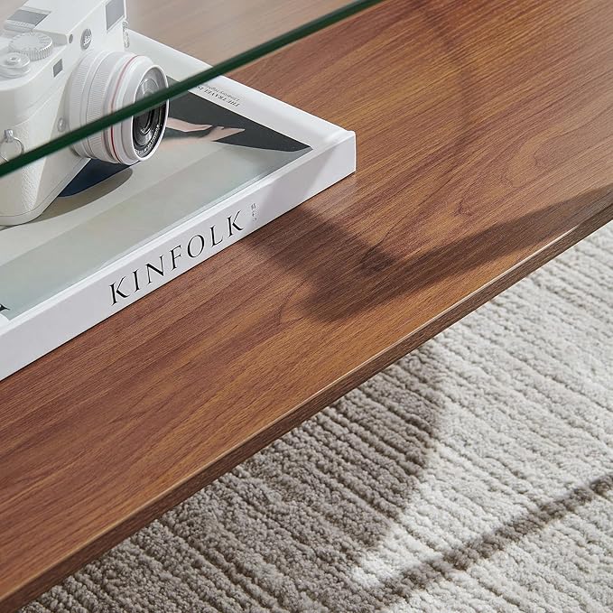 X-Large Oval Glass Coffee Table, Mid-Century Modern Design, L47 x W24 x H17 inch, for Living Room, Clear Glass Top and Walnut Finish Wood Shelf, Conical Legs with Gold Finish Frame