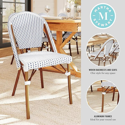Martha Stewart Lily Pond Indoor-Outdoor Stackable Aluminum Bistro Outdoor Chair with Natural Woodgrain Frame Finish and White/Navy Woven Rattan Backrest and Seat