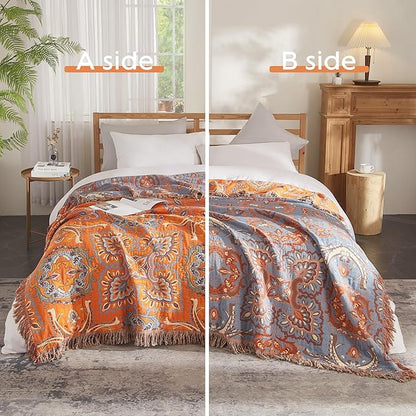 Boho Throw Blanket 100% Cotton Woven Ultra Soft 4-Layer Muslin Quilt Farmhouse Bed Blanket Cover 60"x80", Vintage Floral
