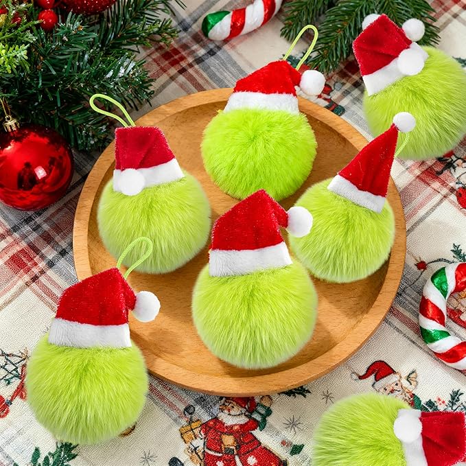 12 Pcs Lime Green Furry Christmas Balls Ornaments, 2.36 Inch Pom Pom Ball with Christmas Hat Hanging Decoration for Tree Green Christmas Home School Office Hanging Decor