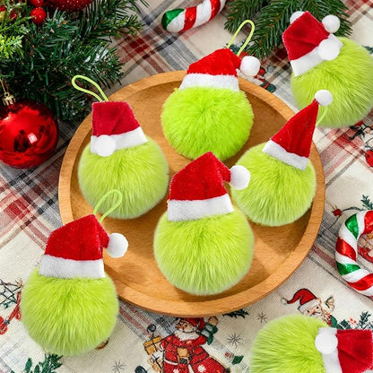 24 Pcs Lime Green Furry Christmas Balls Ornaments, 2.36 Inch Pom Pom Ball with Christmas Hat, Xmas Hanging Decorations for Tree Party Gifts Ornaments Wreath Home Decor