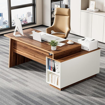 LITTLE TREE 70.5-Inch Executive Desk, Large Home Office Desk with Storage Cabinet and Open Shelves, L-Shaped Computer Corner Desk, Workstation for Office Home, Walnut and Black