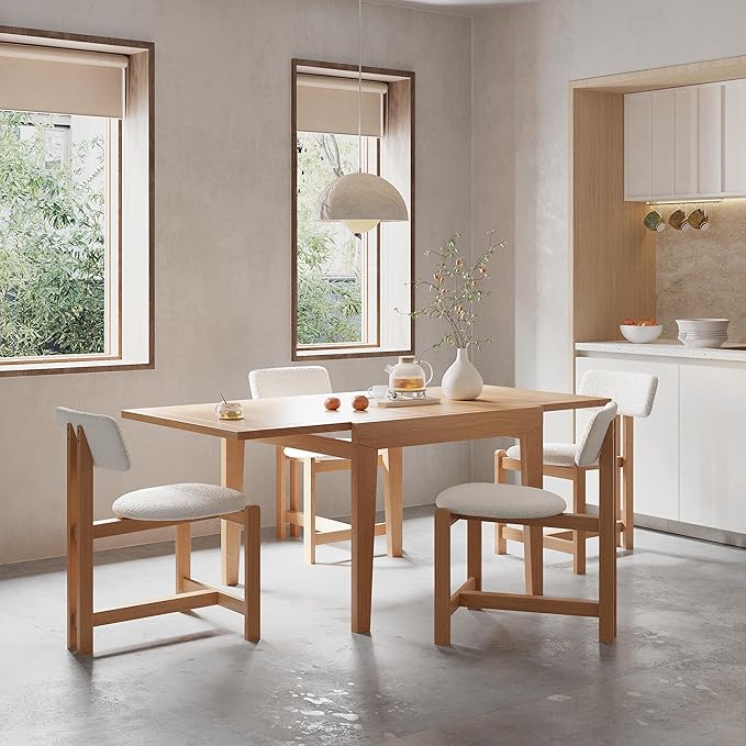 Acanva Rectangle Extendable Dining Table for 4-6 Person, Modern Kitchen Small Space Tables with Solid Wood Legs, Natural Oak