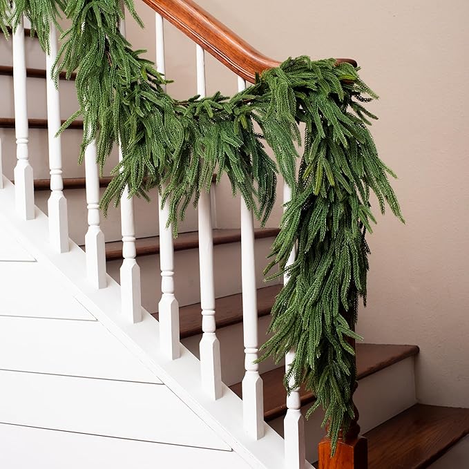 Extra Full 6 ft Real Touch Norfolk Pine Garland Realistic 6ft, Christmas Garland for Mantle, Soft and Bendable Real Touch Garland Christmas Greenery, Evergreen Christmas Garlands for Fireplace, Stairs