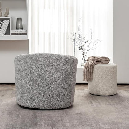 KINWELL 34" Boucle Swivel Barrel Chair with 18" Round Ottoman Set, Fully Assembled Set of Sherpa Accent Chair and Footrest, Modern Comfy Armchair and Footstool for Living Room and Bedroom, Black White