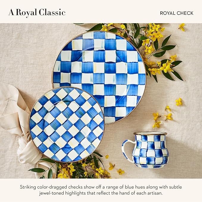 MACKENZIE-CHILDS Enamel Mug, Cute Enamelware Coffee and Tea Mug, Unique Drinkware, 16 Ounces, Blue-and-White Royal Check, Set of 4