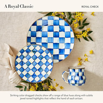 MACKENZIE-CHILDS Enamel Mug, Cute Enamelware Coffee and Tea Mug, Unique Drinkware, 16 Ounces, Blue-and-White Royal Check, Set of 4