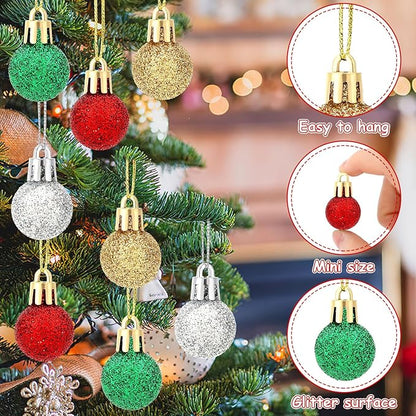 Jansun 60PCS Christmas Mini Balls Ornaments Miniature Xmas Tree Hanging Decorations Small Vintage Glitter Balls for Holiday Party Outdoor Indoor DIY Craft Decor Supplies (Glitter Surface) ﻿