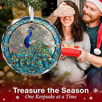 Peacock Ornaments for Christmas Tree - Peacock Christmas Ornaments, Colored Decorations for Home, Stained Glass Style, Great Gifts for Women